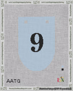 A taped needlepoint canvas with the design: Banner 18 mesh count Rounded 9 Black on Light Blue.