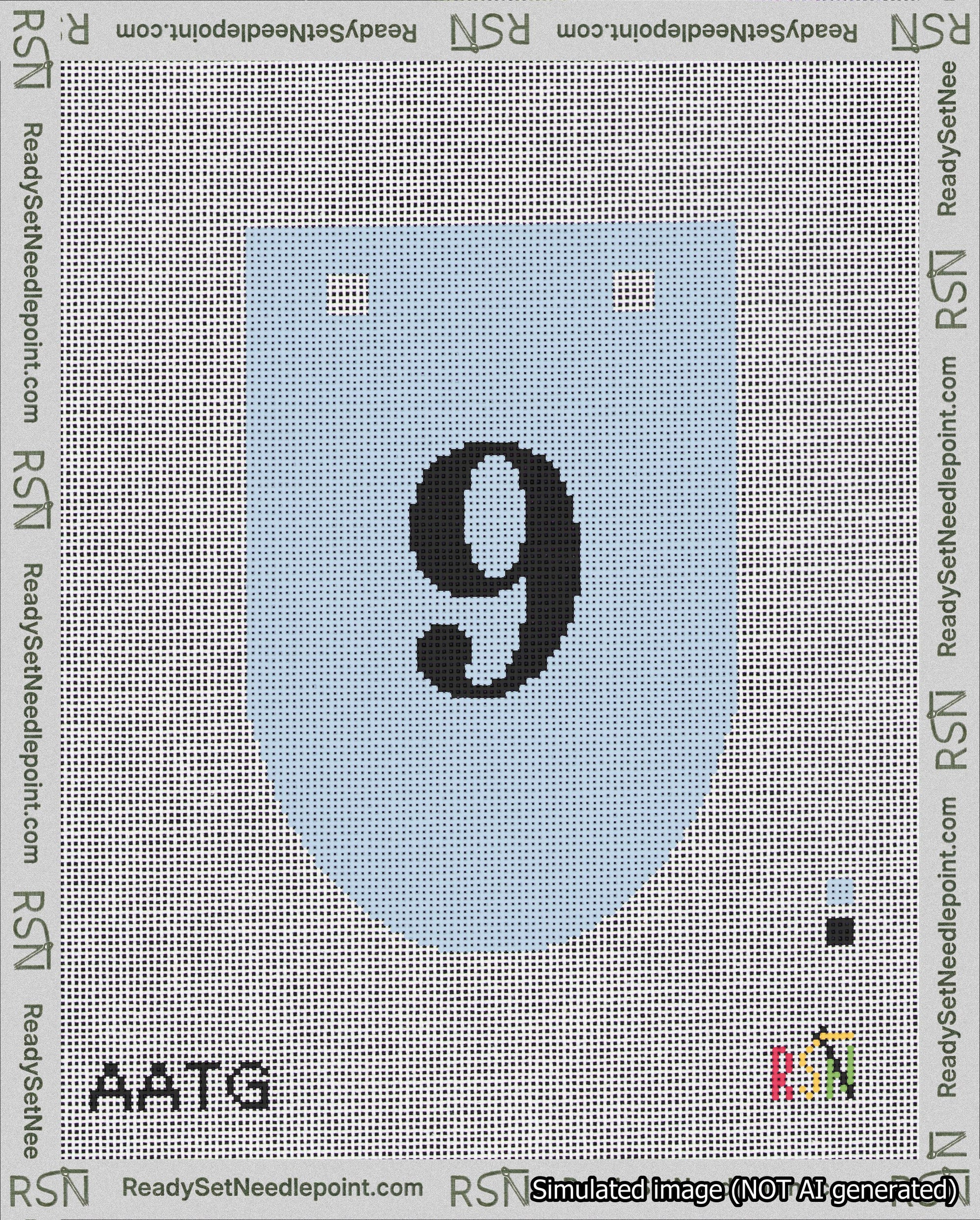 A taped needlepoint canvas with the design: Banner 18 mesh count Rounded 9 Black on Light Blue.