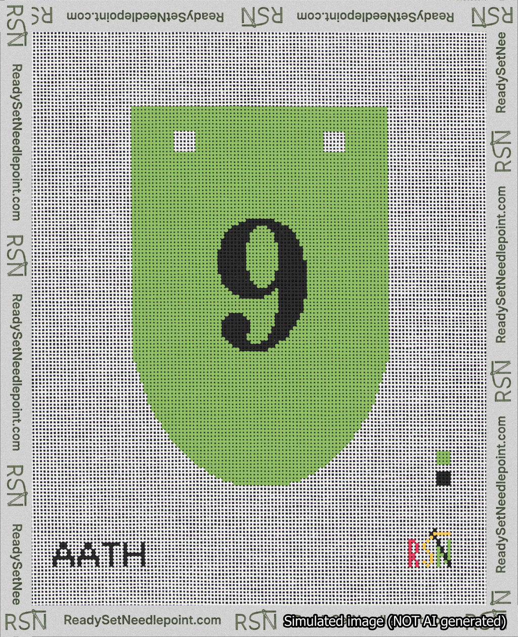 A taped needlepoint canvas with the design: Banner 18 mesh count Rounded 9 Black on Light Green.