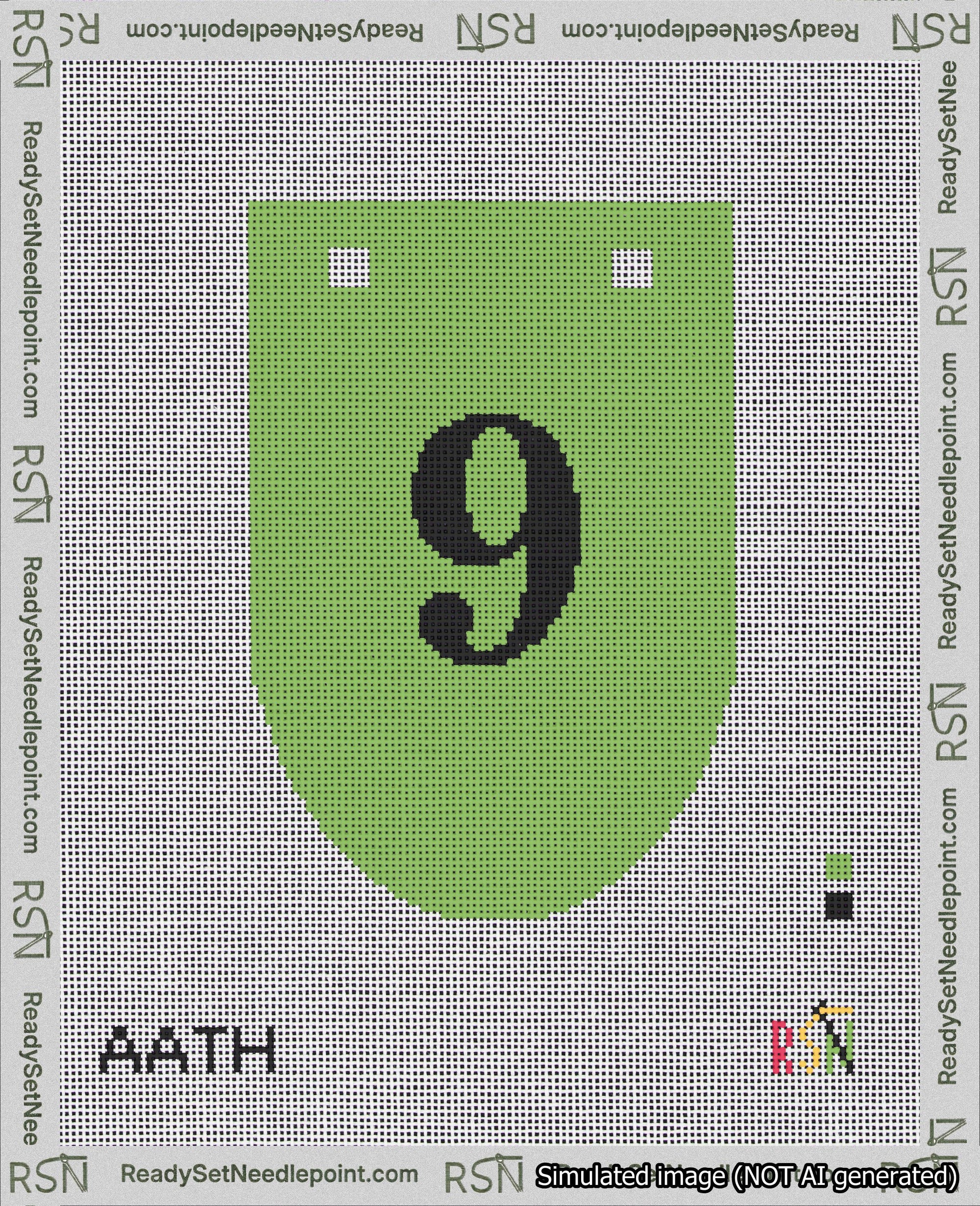 A taped needlepoint canvas with the design: Banner 18 mesh count Rounded 9 Black on Light Green.
