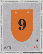 A taped needlepoint canvas with the design: Banner 18 mesh count Rounded 9 Black on Orange.