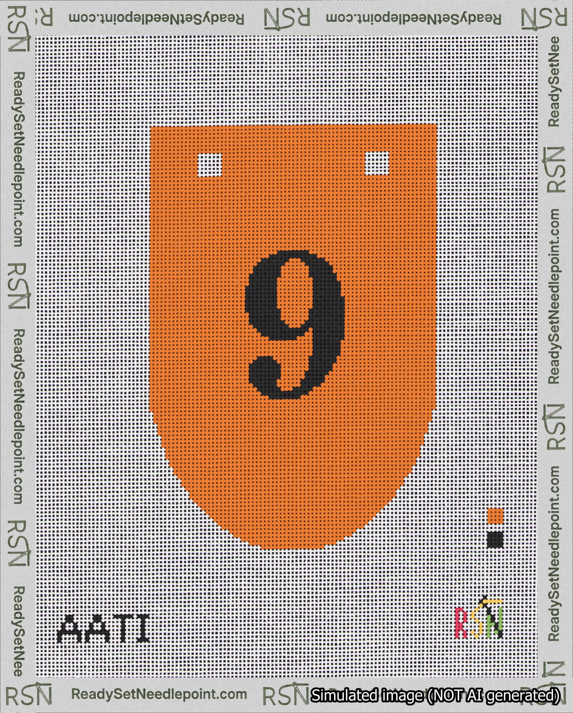 A taped needlepoint canvas with the design: Banner 18 mesh count Rounded 9 Black on Orange.