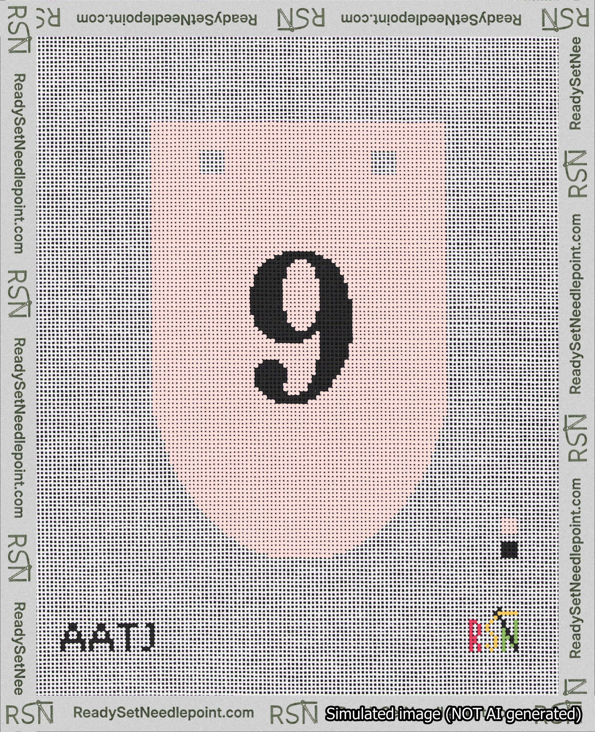 A taped needlepoint canvas with the design: Banner 18 mesh count Rounded 9 Black on Pink.