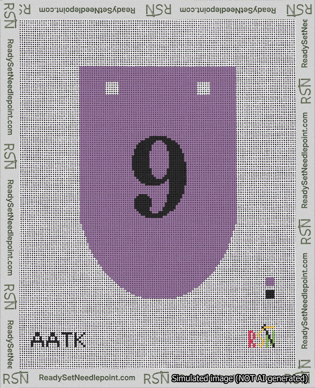 A taped needlepoint canvas with the design: Banner 18 mesh count Rounded 9 Black on Purple.