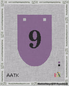 A taped needlepoint canvas with the design: Banner 18 mesh count Rounded 9 Black on Purple.