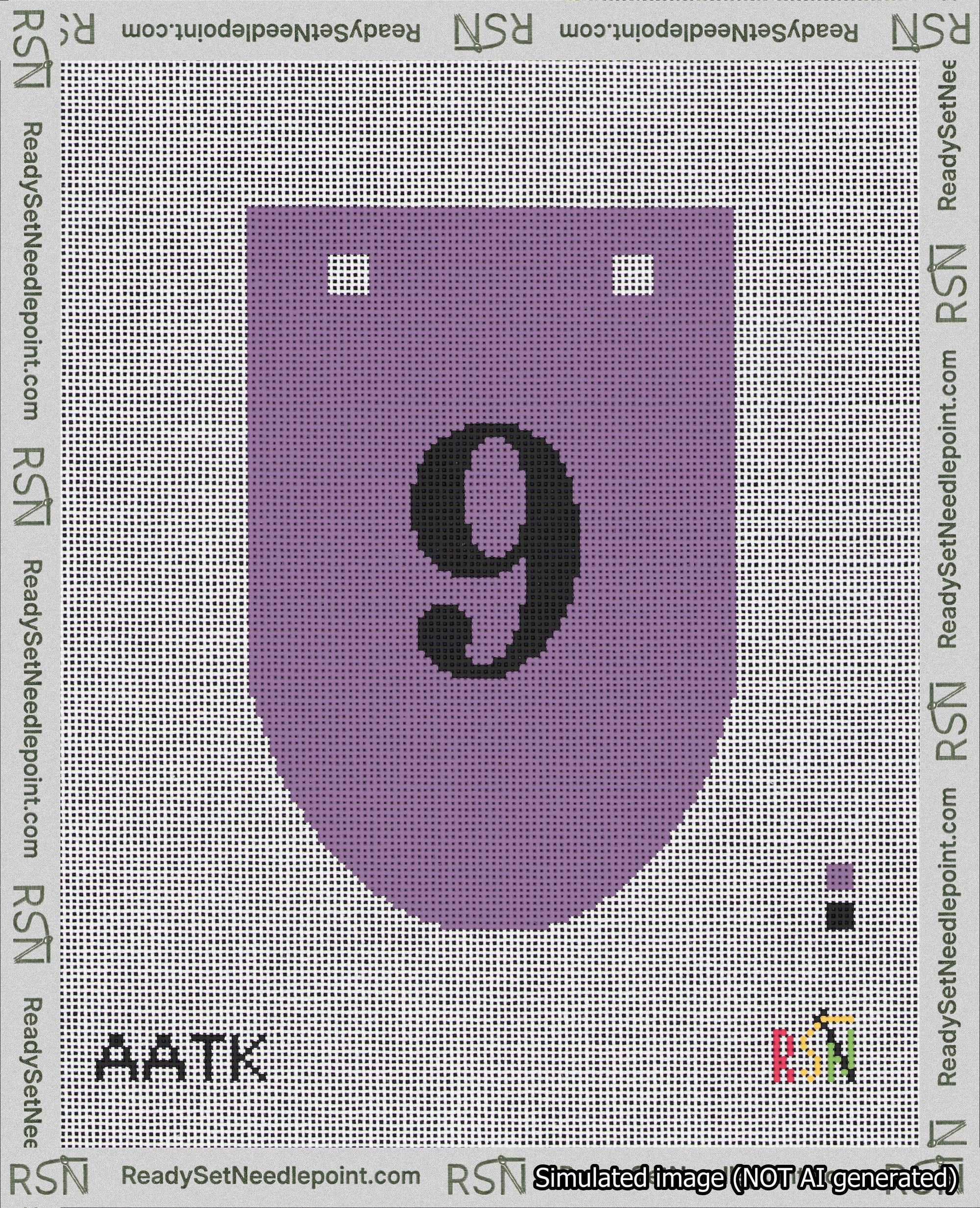 A taped needlepoint canvas with the design: Banner 18 mesh count Rounded 9 Black on Purple.
