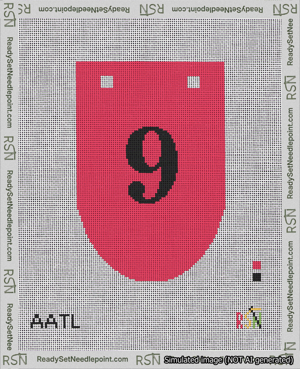 A taped needlepoint canvas with the design: Banner 18 mesh count Rounded 9 Black on Red.