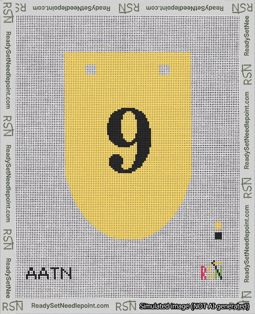 A taped needlepoint canvas with the design: Banner 18 mesh count Rounded 9 Black on Yellow.
