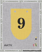 A taped needlepoint canvas with the design: Banner 18 mesh count Rounded 9 Black on Yellow.
