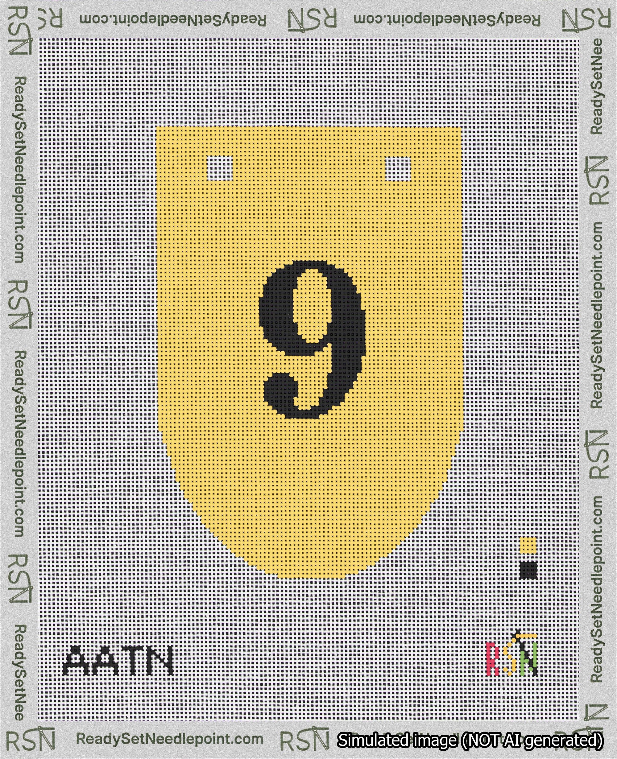 A taped needlepoint canvas with the design: Banner 18 mesh count Rounded 9 Black on Yellow.