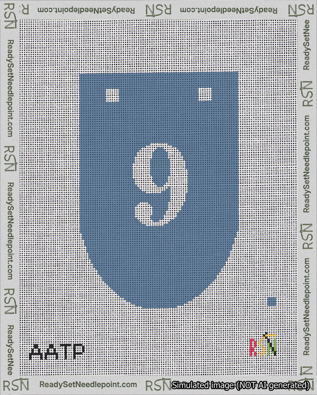 A taped needlepoint canvas with the design: Banner 18 mesh count Rounded 9 White on Blue.