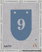 A taped needlepoint canvas with the design: Banner 18 mesh count Rounded 9 White on Blue.
