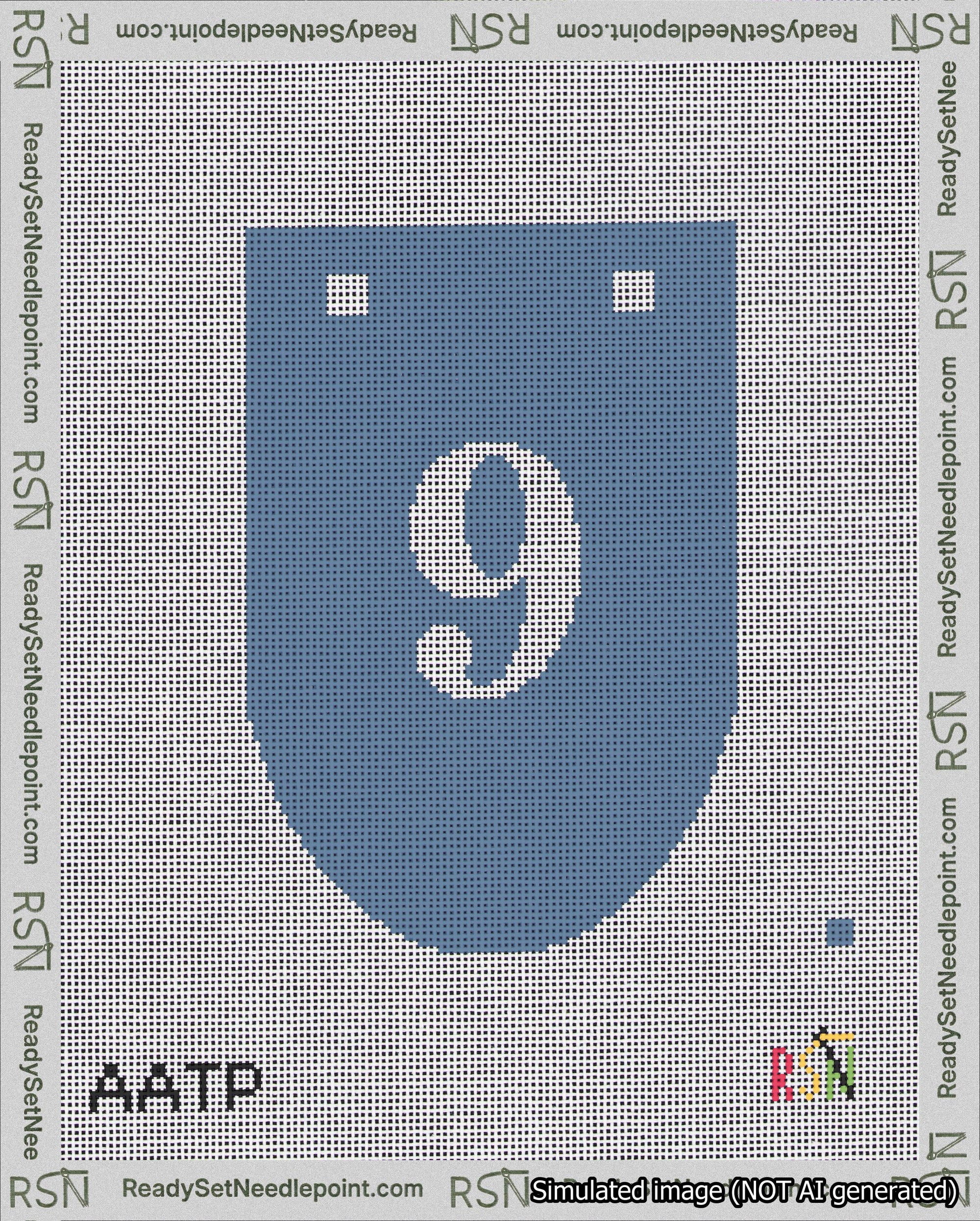 A taped needlepoint canvas with the design: Banner 18 mesh count Rounded 9 White on Blue.