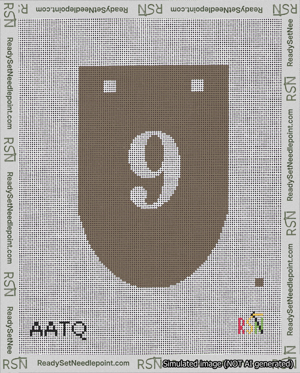A taped needlepoint canvas with the design: Banner 18 mesh count Rounded 9 White on Brown.