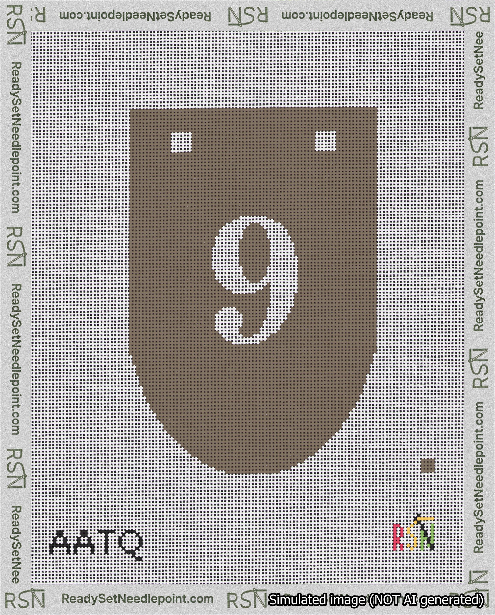 A taped needlepoint canvas with the design: Banner 18 mesh count Rounded 9 White on Brown.