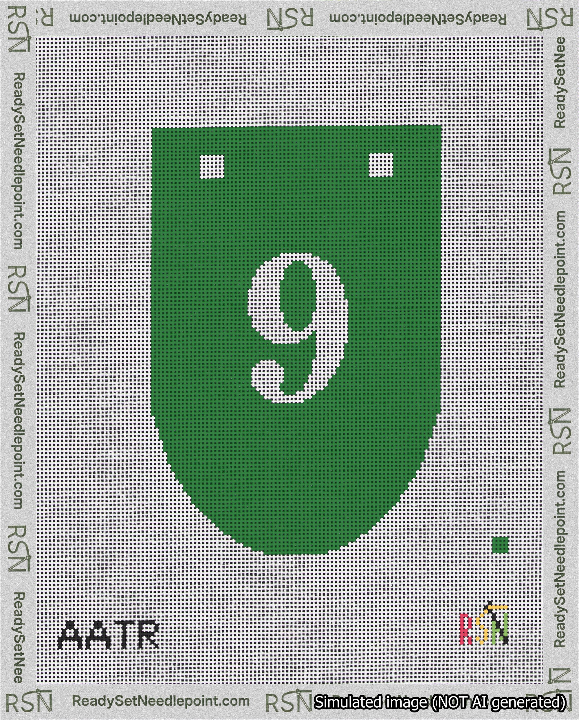 A taped needlepoint canvas with the design: Banner 18 mesh count Rounded 9 White on Green.
