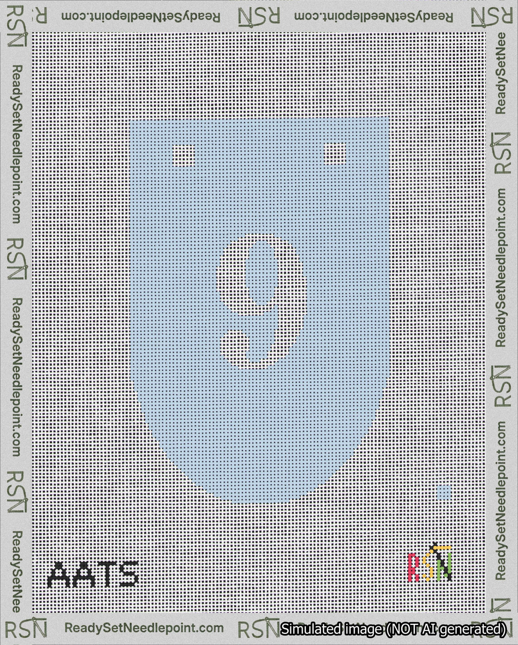 A taped needlepoint canvas with the design: Banner 18 mesh count Rounded 9 White on Light Blue.