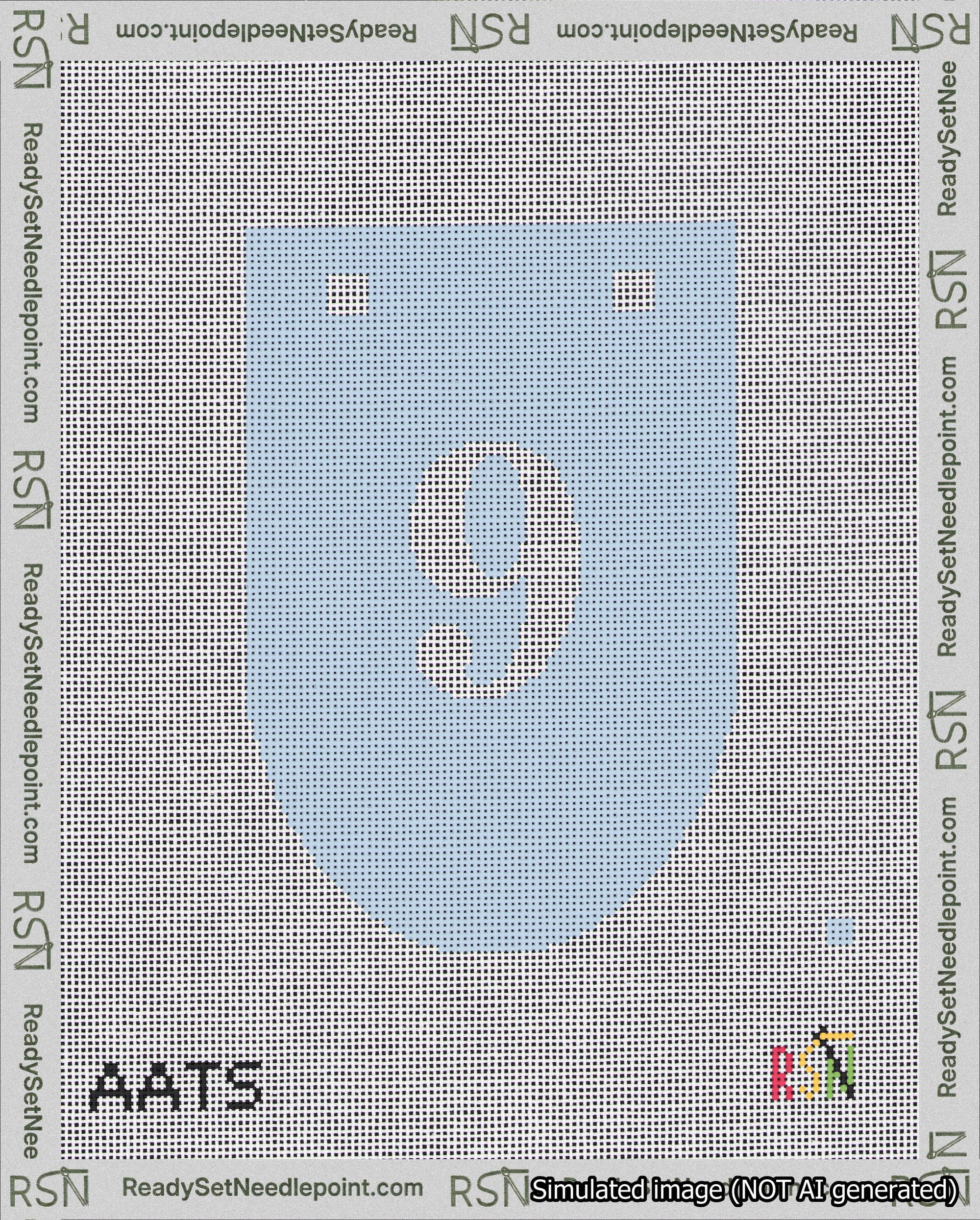 A taped needlepoint canvas with the design: Banner 18 mesh count Rounded 9 White on Light Blue.