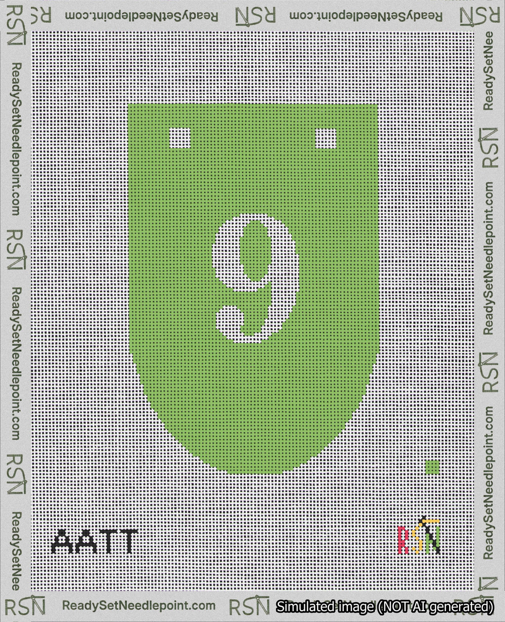 A taped needlepoint canvas with the design: Banner 18 mesh count Rounded 9 White on Light Green.