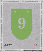 A taped needlepoint canvas with the design: Banner 18 mesh count Rounded 9 White on Light Green.