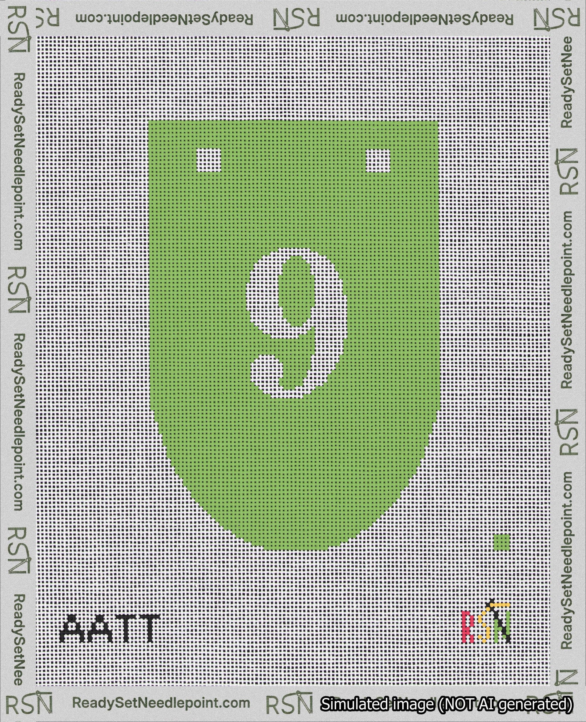 A taped needlepoint canvas with the design: Banner 18 mesh count Rounded 9 White on Light Green.