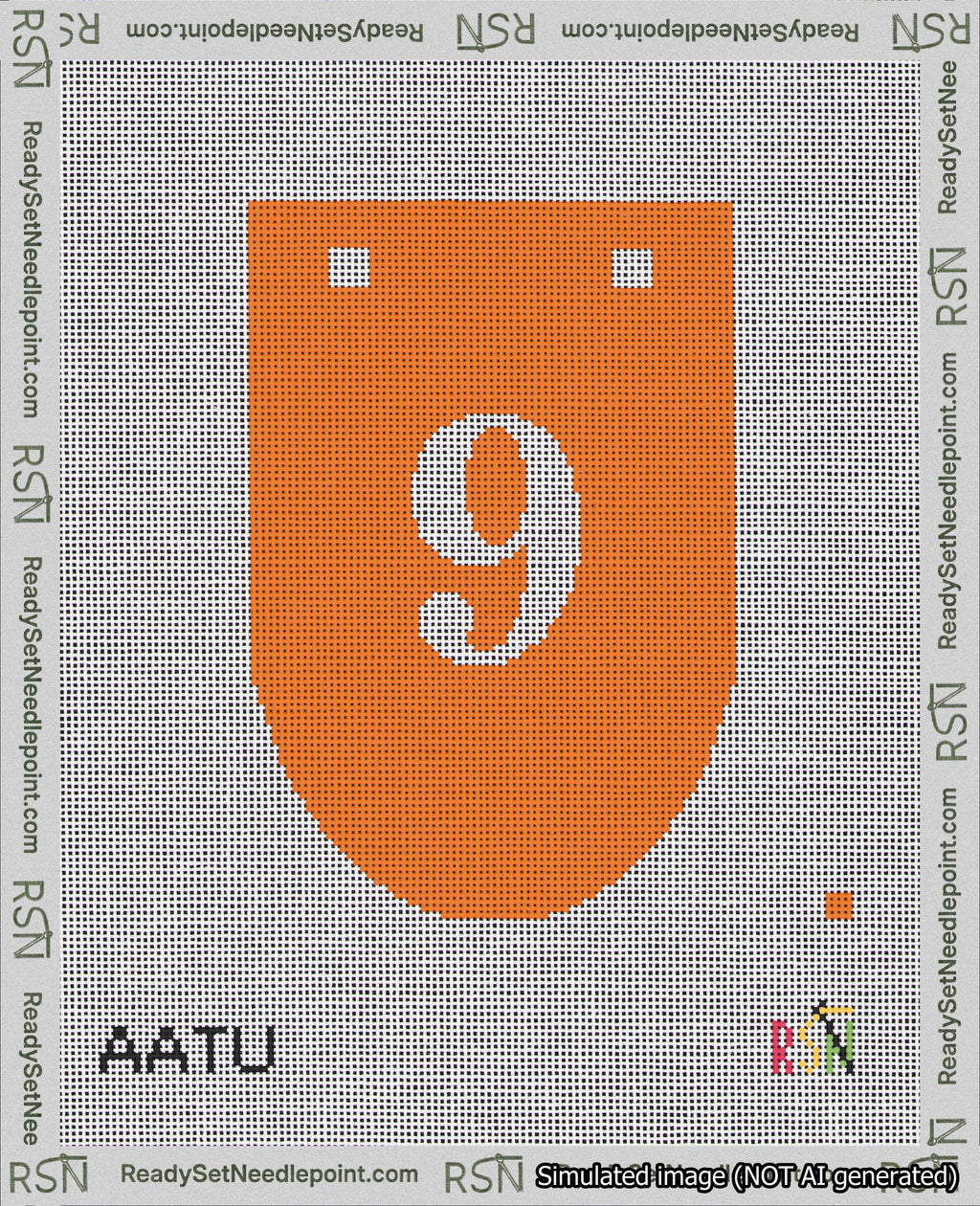 A taped needlepoint canvas with the design: Banner 18 mesh count Rounded 9 White on Orange.