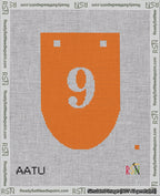 A taped needlepoint canvas with the design: Banner 18 mesh count Rounded 9 White on Orange.