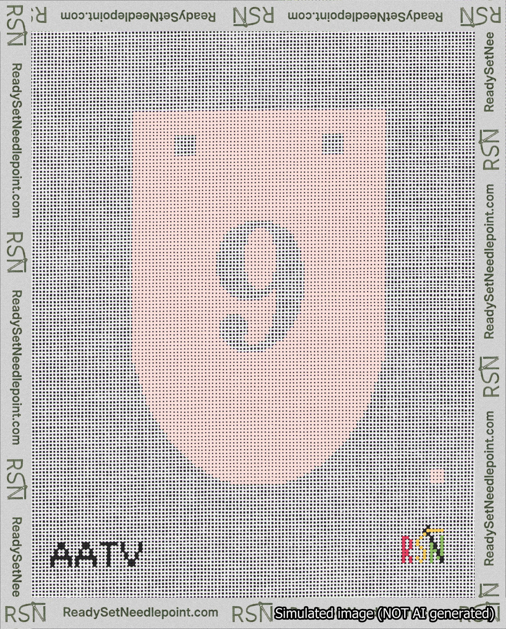 A taped needlepoint canvas with the design: Banner 18 mesh count Rounded 9 White on Pink.