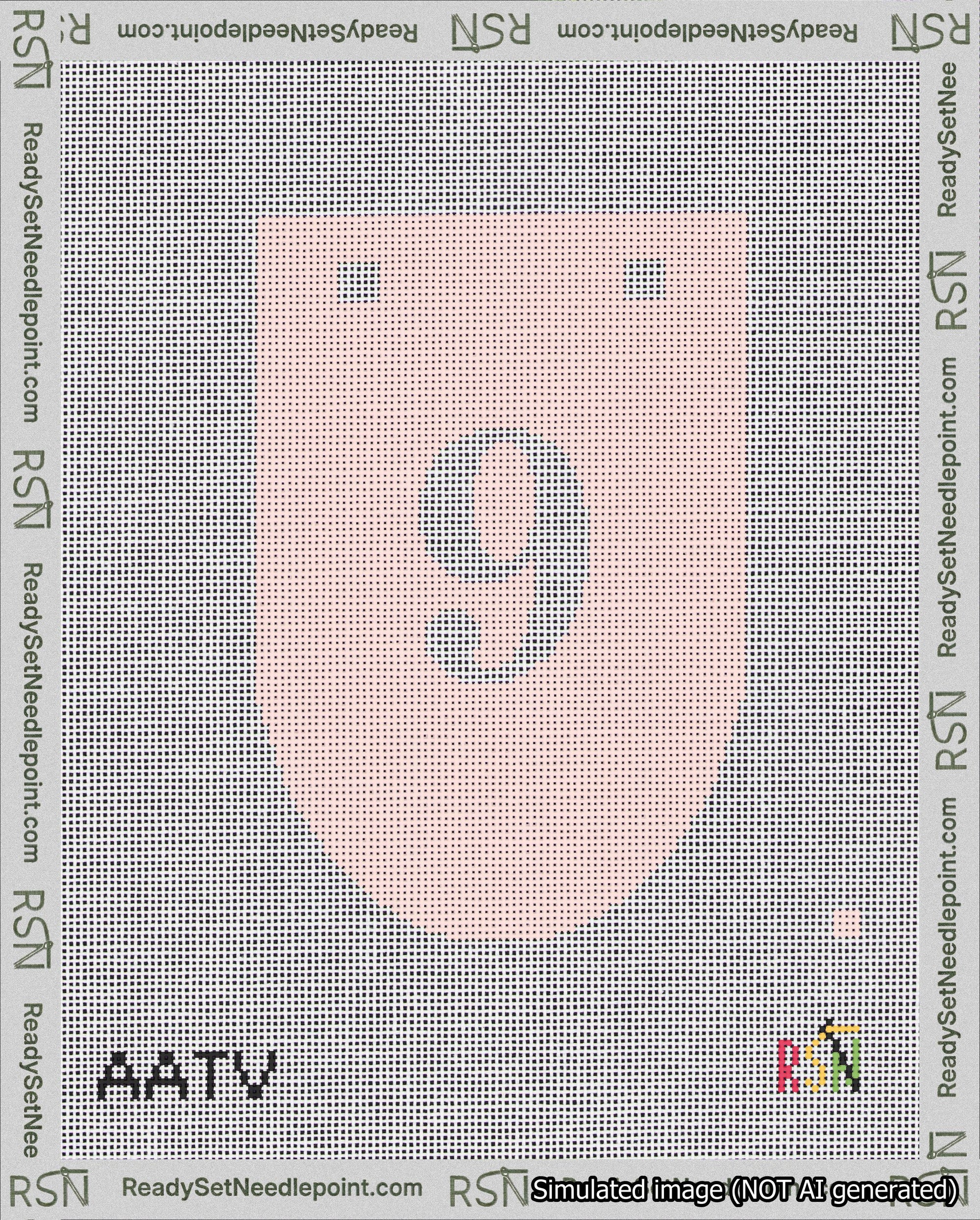 A taped needlepoint canvas with the design: Banner 18 mesh count Rounded 9 White on Pink.
