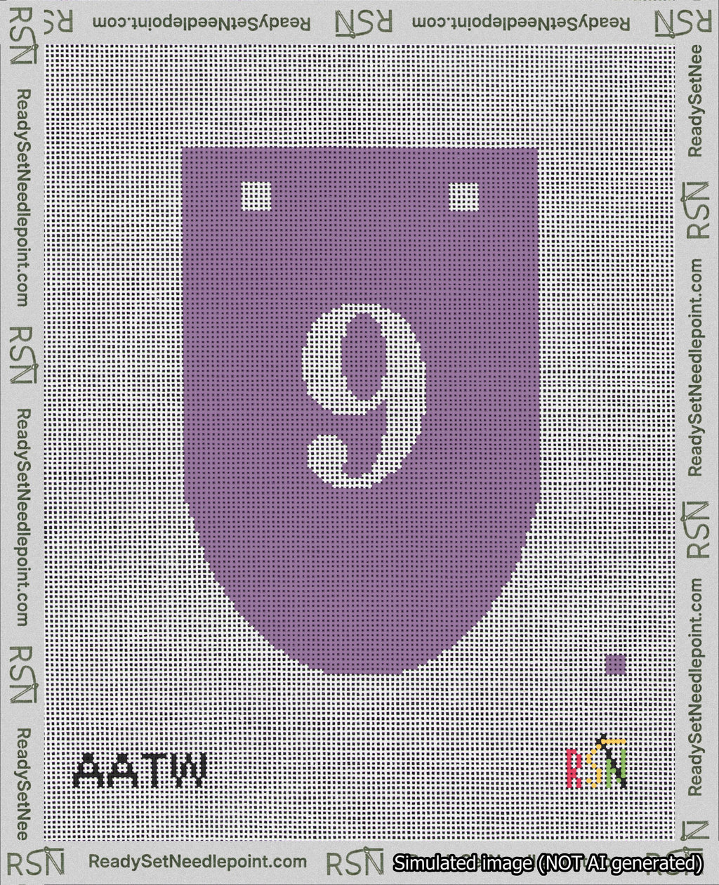 A taped needlepoint canvas with the design: Banner 18 mesh count Rounded 9 White on Purple.