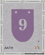A taped needlepoint canvas with the design: Banner 18 mesh count Rounded 9 White on Purple.