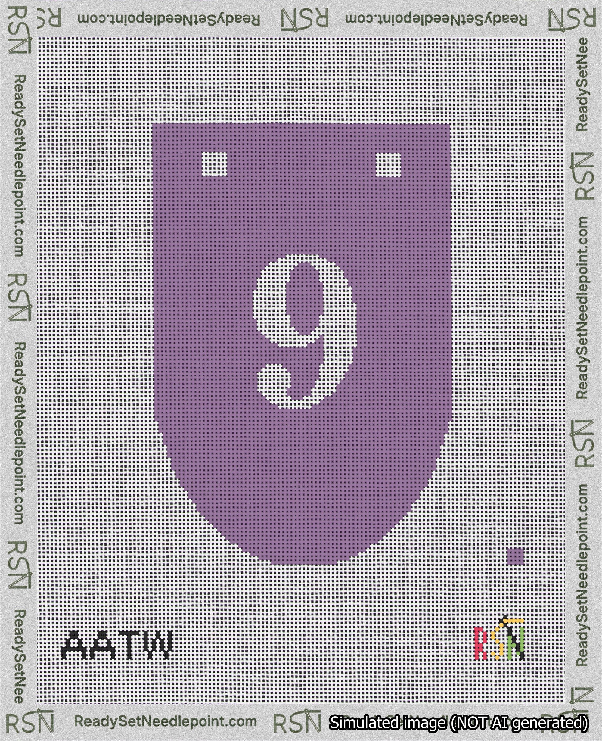 A taped needlepoint canvas with the design: Banner 18 mesh count Rounded 9 White on Purple.