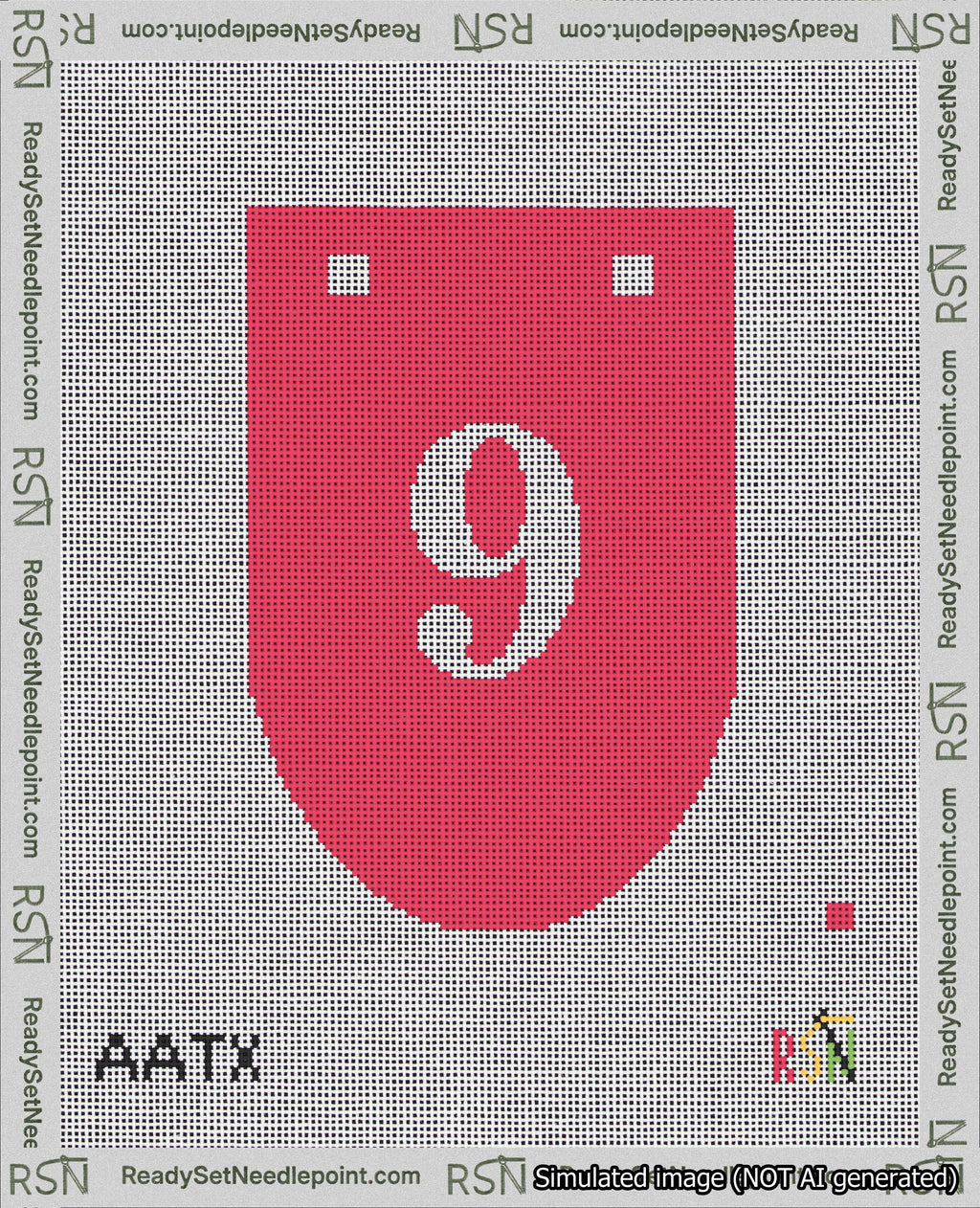 A taped needlepoint canvas with the design: Banner 18 mesh count Rounded 9 White on Red.