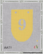 A taped needlepoint canvas with the design: Banner 18 mesh count Rounded 9 White on Yellow.