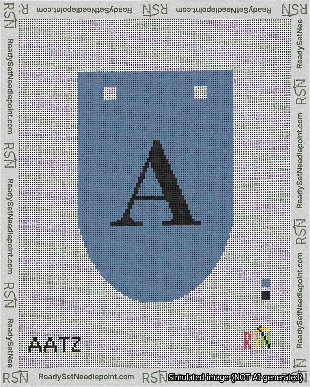 A taped needlepoint canvas with the design: Banner 18 mesh count Rounded A Black on Blue.