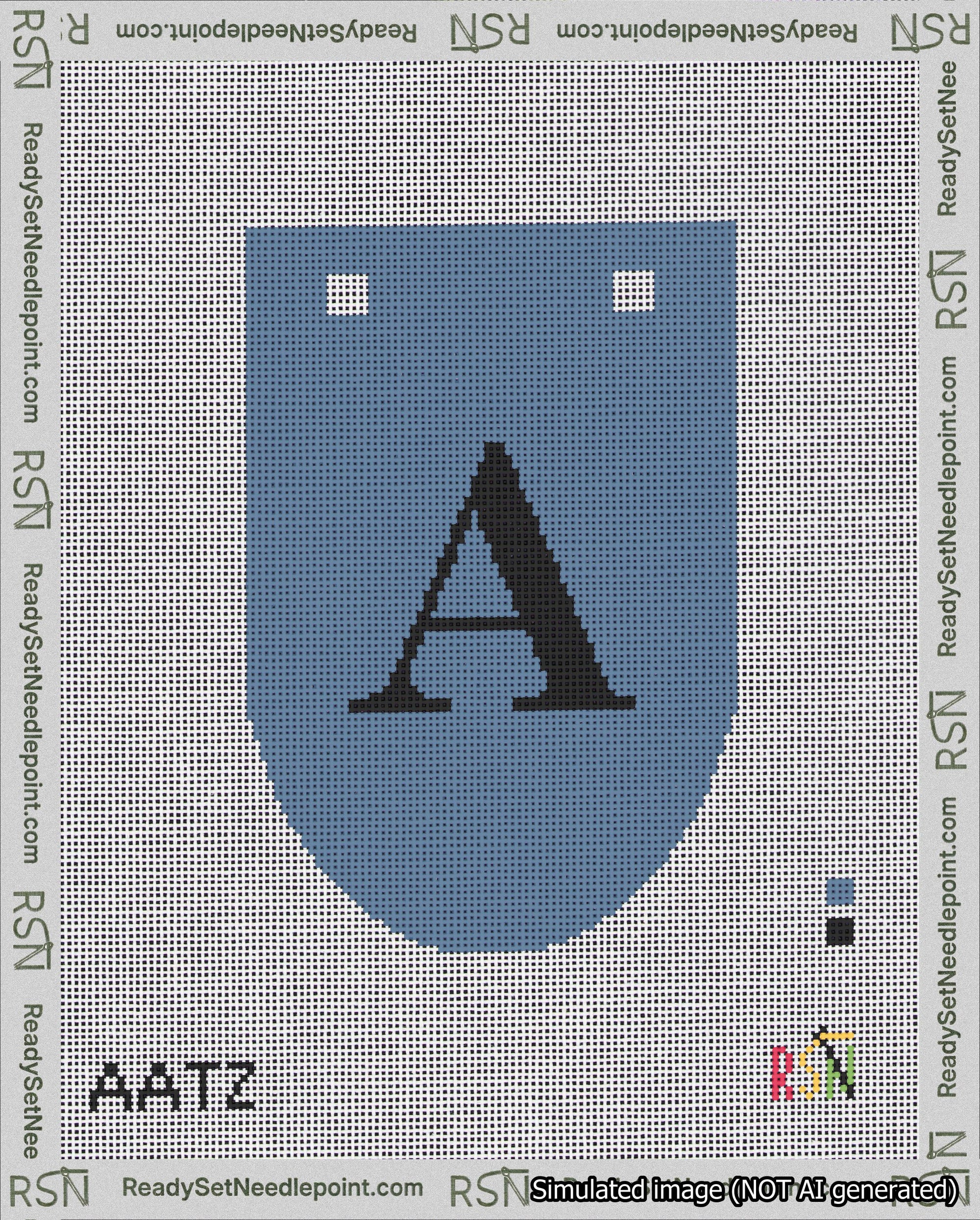 A taped needlepoint canvas with the design: Banner 18 mesh count Rounded A Black on Blue.