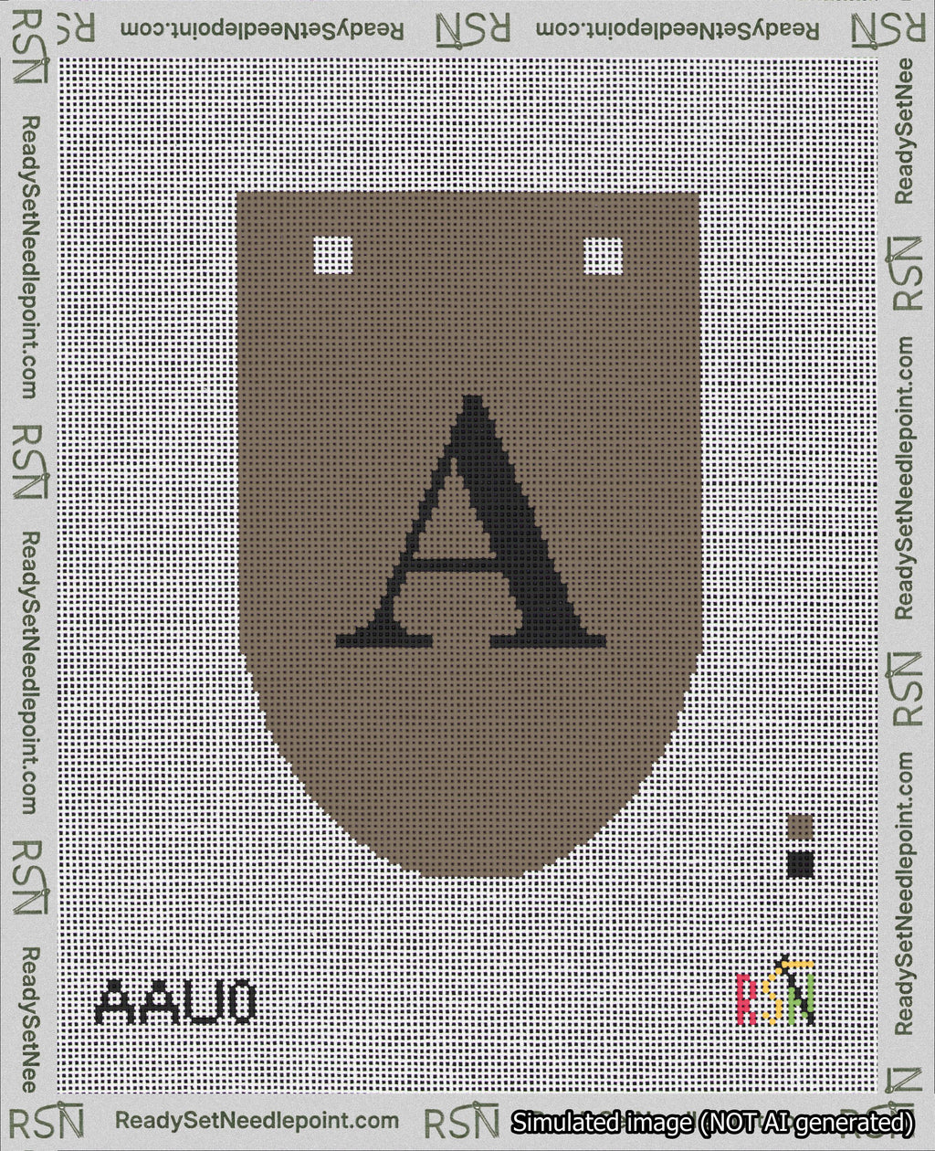 A taped needlepoint canvas with the design: Banner 18 mesh count Rounded A Black on Brown.