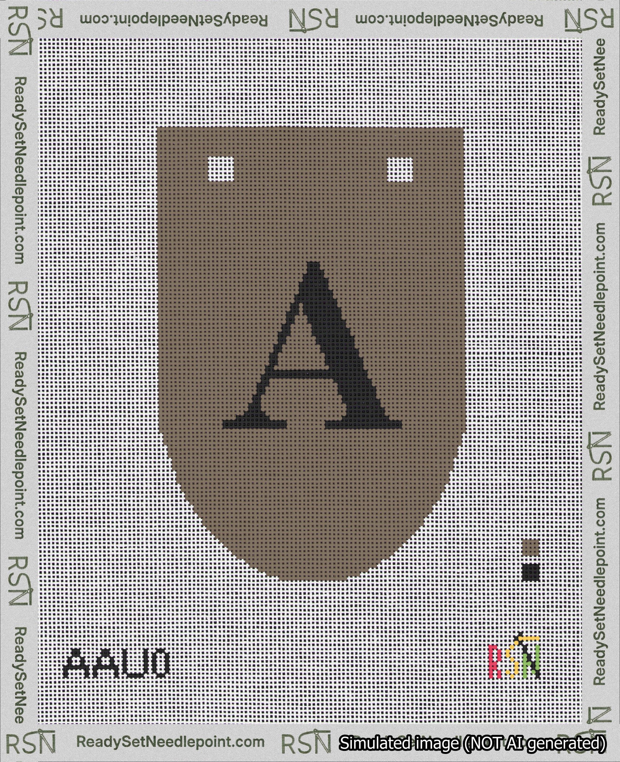 A taped needlepoint canvas with the design: Banner 18 mesh count Rounded A Black on Brown.