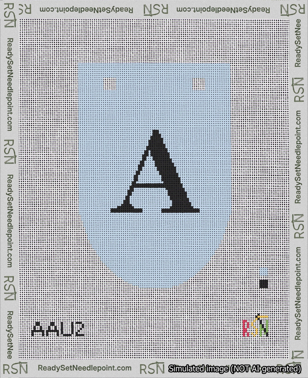 A taped needlepoint canvas with the design: Banner 18 mesh count Rounded A Black on Light Blue.
