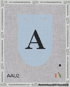 A taped needlepoint canvas with the design: Banner 18 mesh count Rounded A Black on Light Blue.
