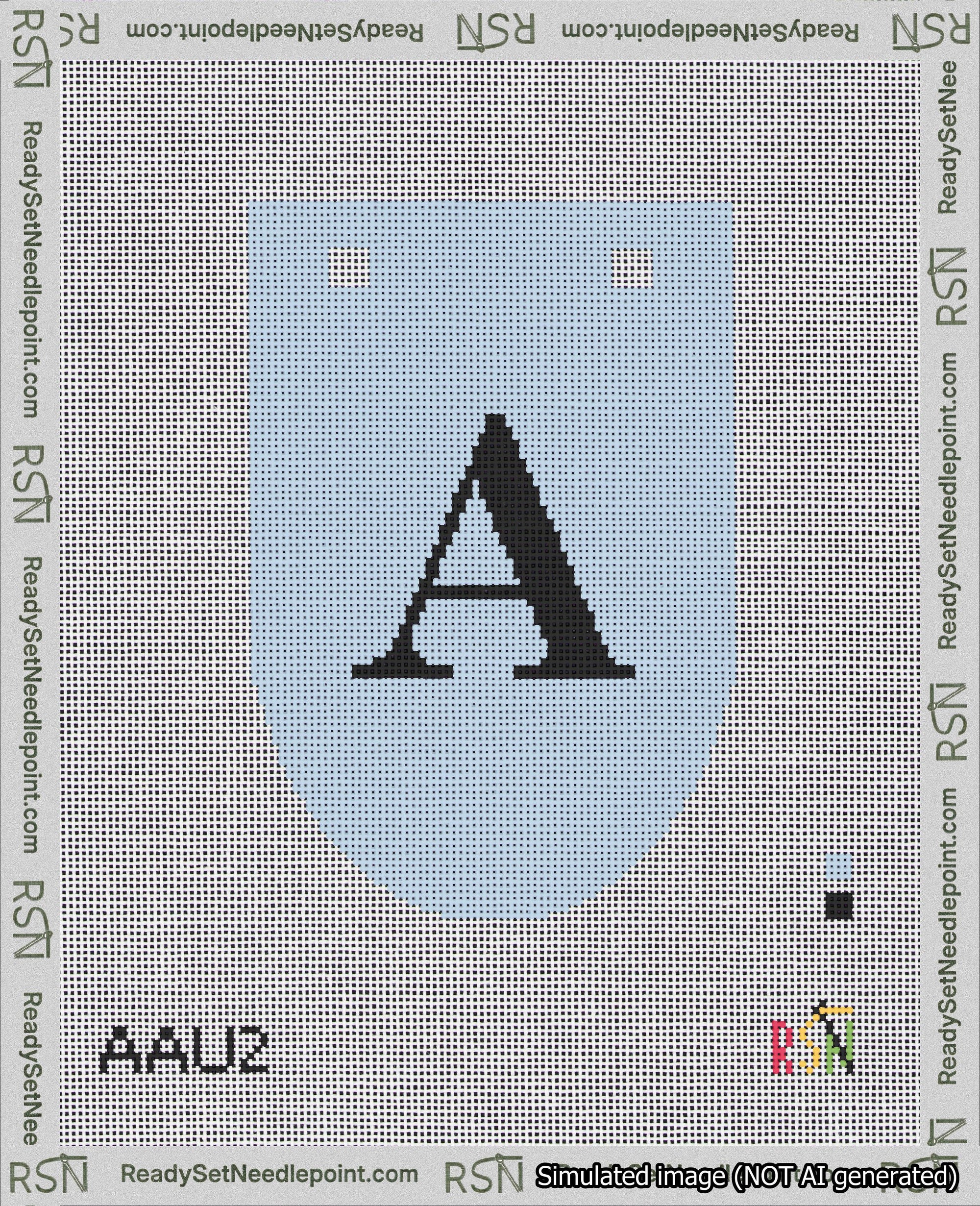 A taped needlepoint canvas with the design: Banner 18 mesh count Rounded A Black on Light Blue.