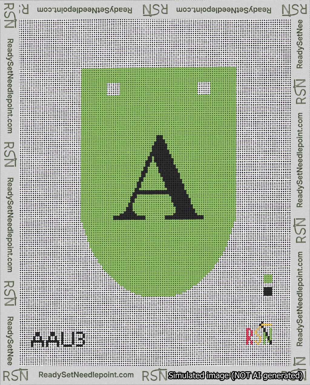 A taped needlepoint canvas with the design: Banner 18 mesh count Rounded A Black on Light Green.