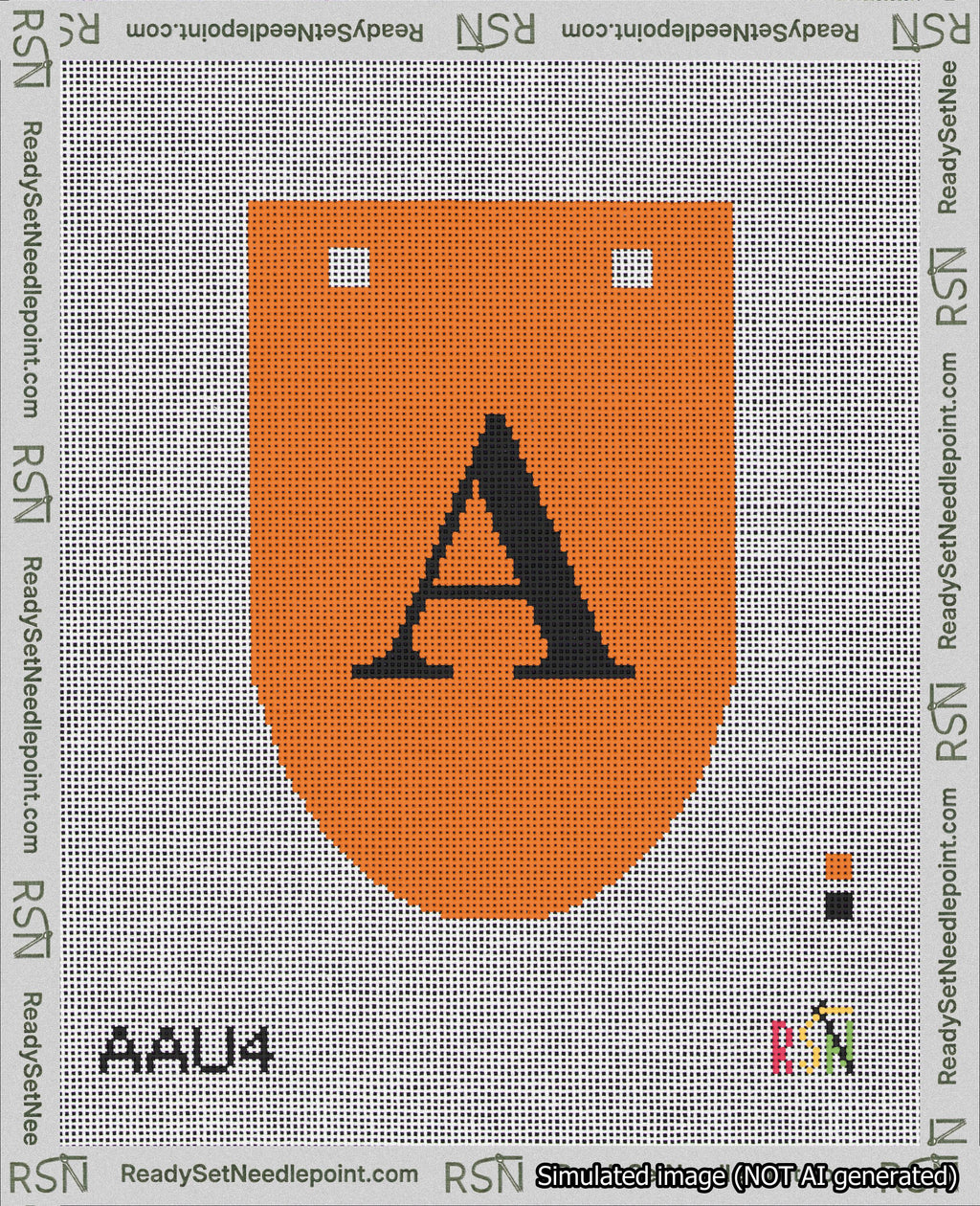 A taped needlepoint canvas with the design: Banner 18 mesh count Rounded A Black on Orange.
