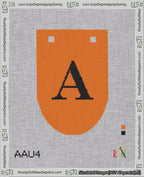 A taped needlepoint canvas with the design: Banner 18 mesh count Rounded A Black on Orange.