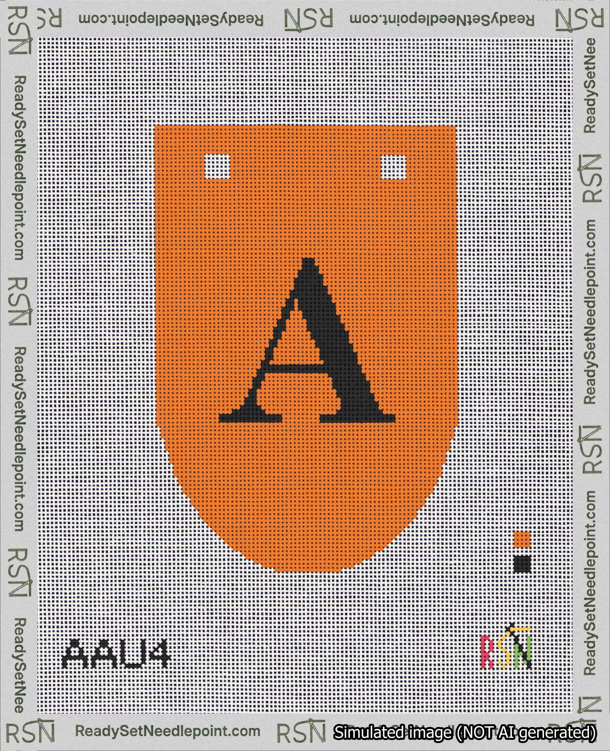 A taped needlepoint canvas with the design: Banner 18 mesh count Rounded A Black on Orange.
