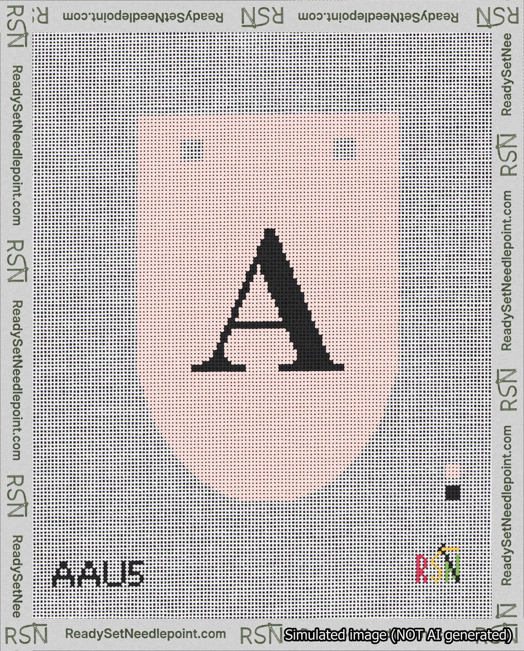 A taped needlepoint canvas with the design: Banner 18 mesh count Rounded A Black on Pink.