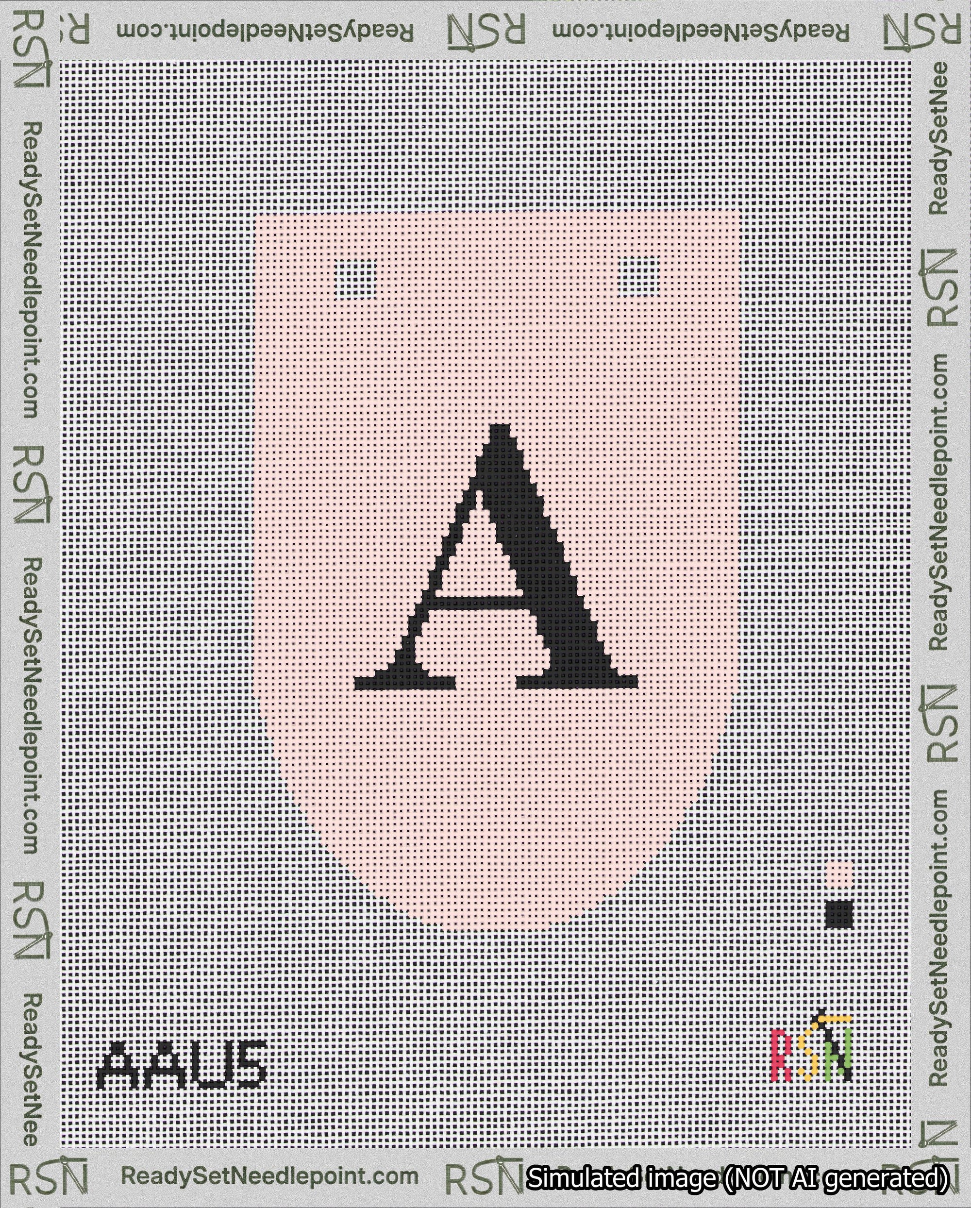 A taped needlepoint canvas with the design: Banner 18 mesh count Rounded A Black on Pink.