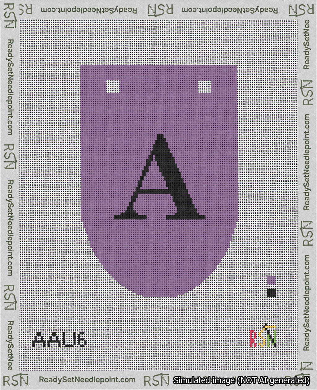 A taped needlepoint canvas with the design: Banner 18 mesh count Rounded A Black on Purple.