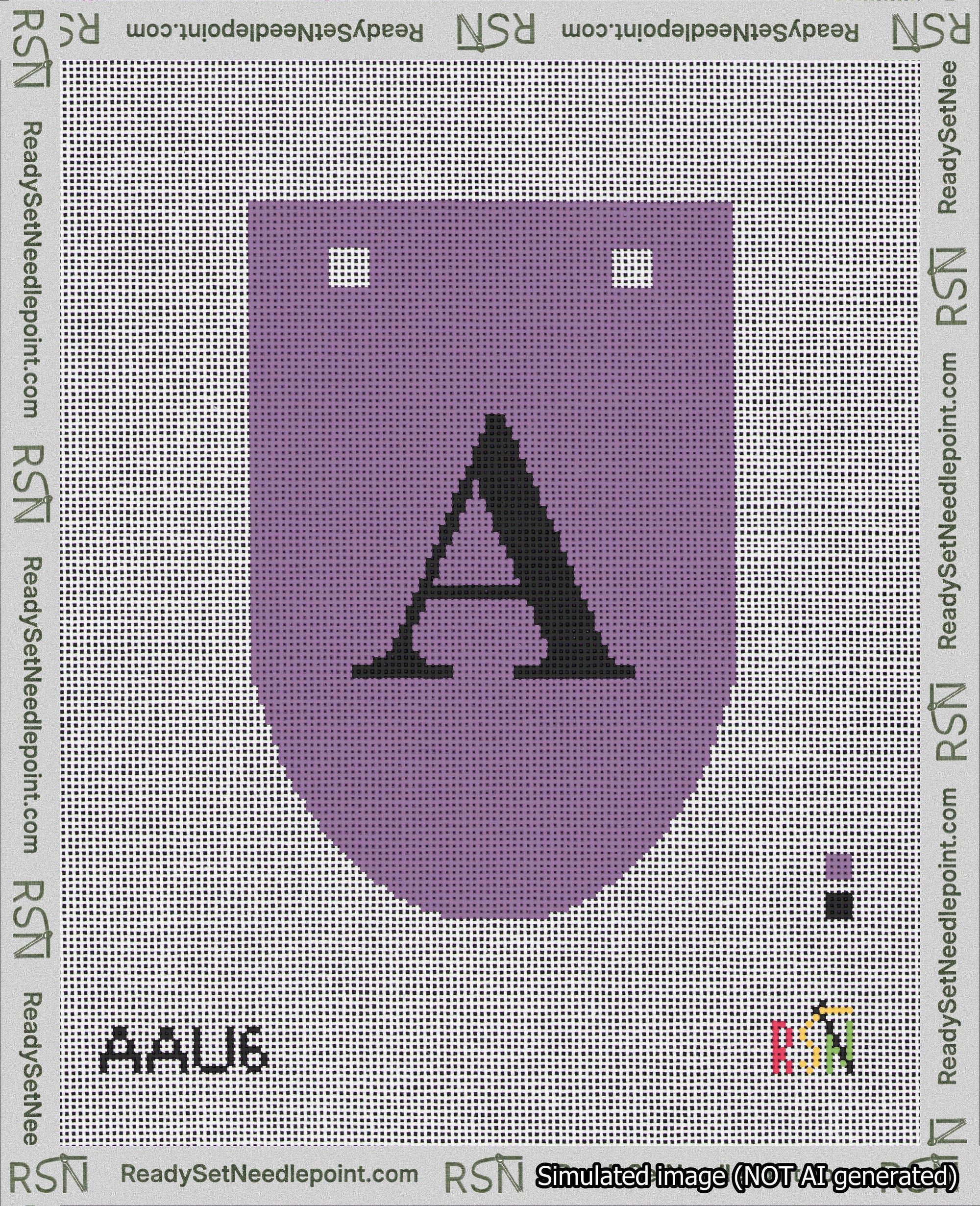 A taped needlepoint canvas with the design: Banner 18 mesh count Rounded A Black on Purple.