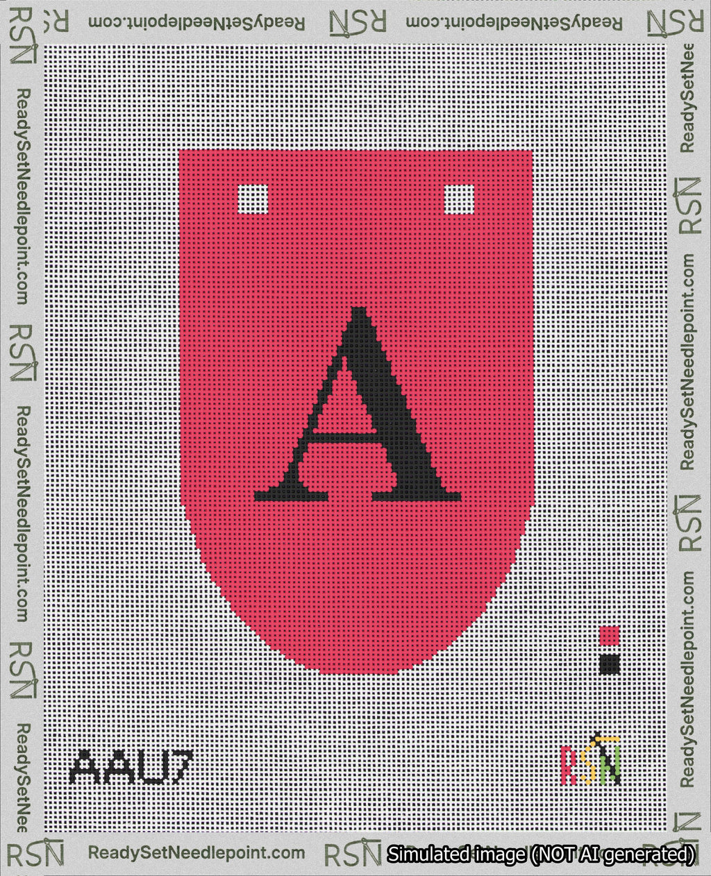 A taped needlepoint canvas with the design: Banner 18 mesh count Rounded A Black on Red.
